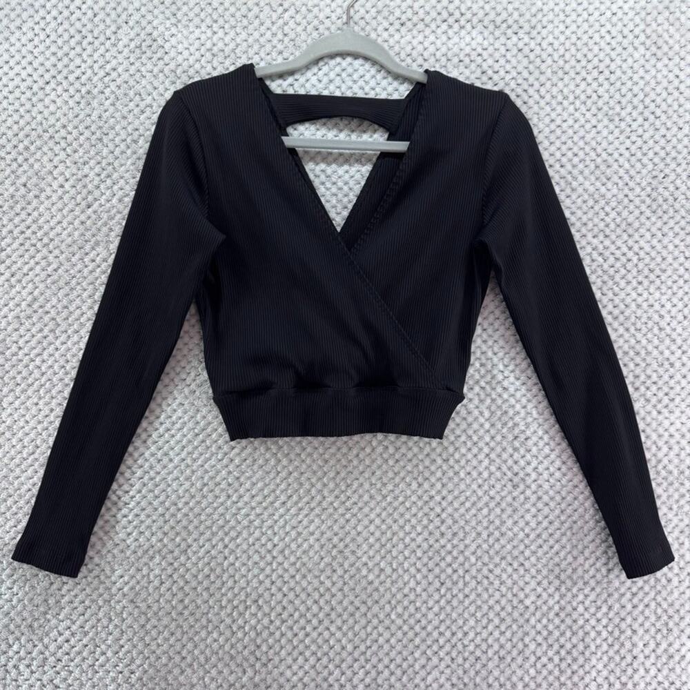 Year of Ours Top Womens L Black Rib Stretch V-Neck Surplice Long Sleeve Crop